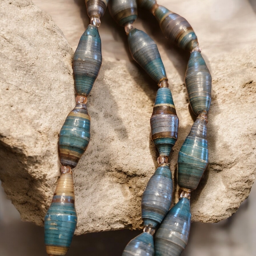 Boho Blue Paper Beaded Necklace - Picture 3 of 3